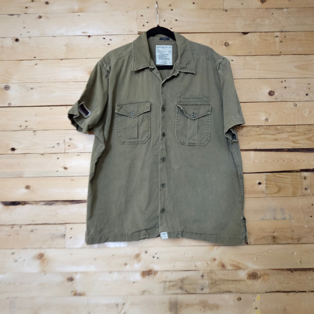 Abercrombie & Fitch Mens Large Olive Green Military Short Sleeve Button‎ Shirt L